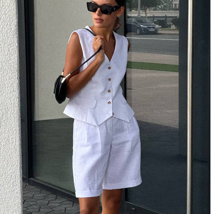 Women Linen summer casual sleeveless vest shorts Two Piece Set 4