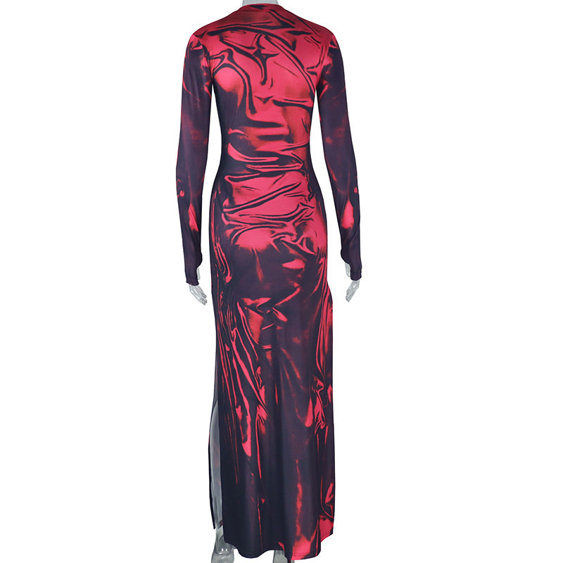 Women Elegant High Neck Long Sleeve Pleated Slit Dress 6