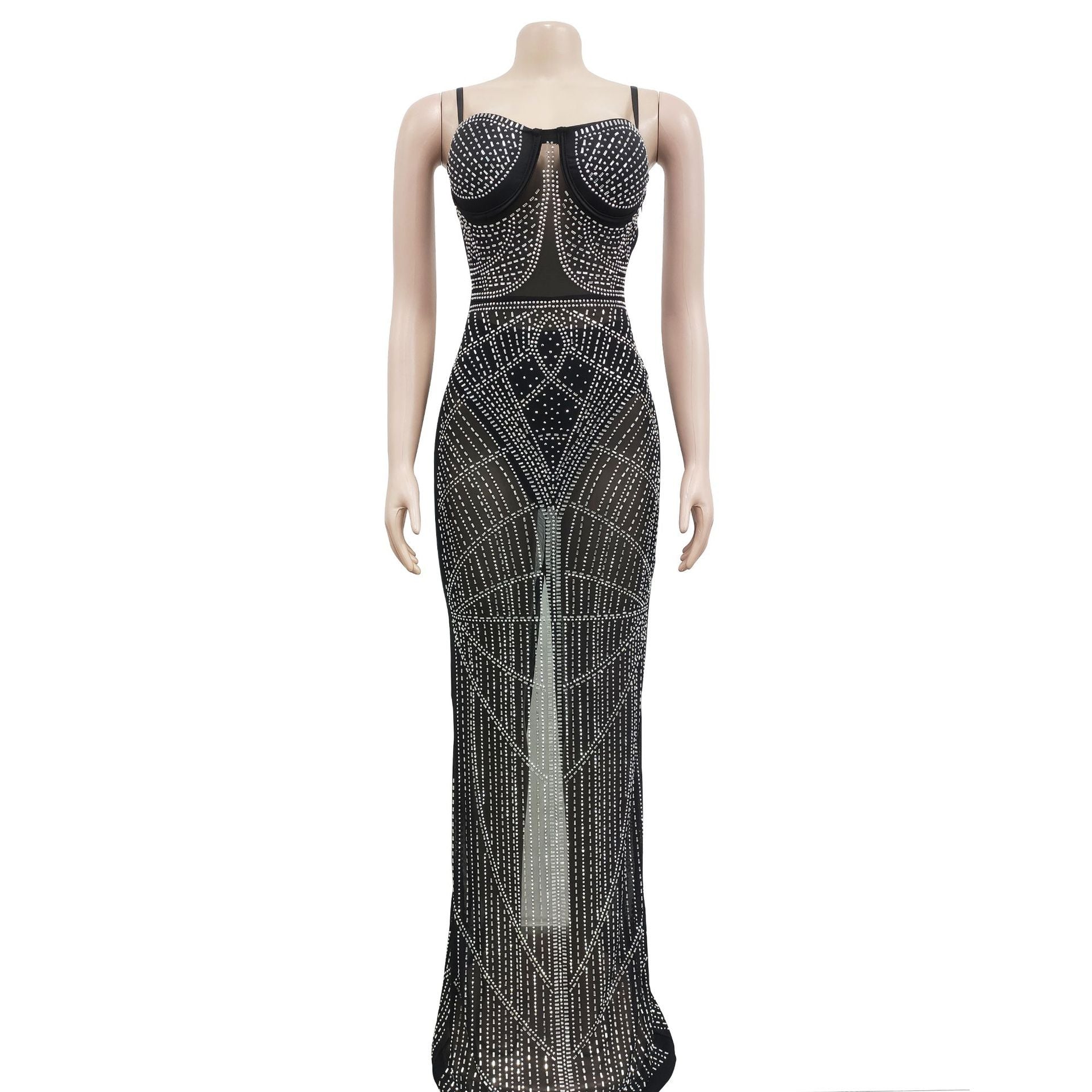 Women Solid Beaded Mesh Sleeveless Maxi Dress 14