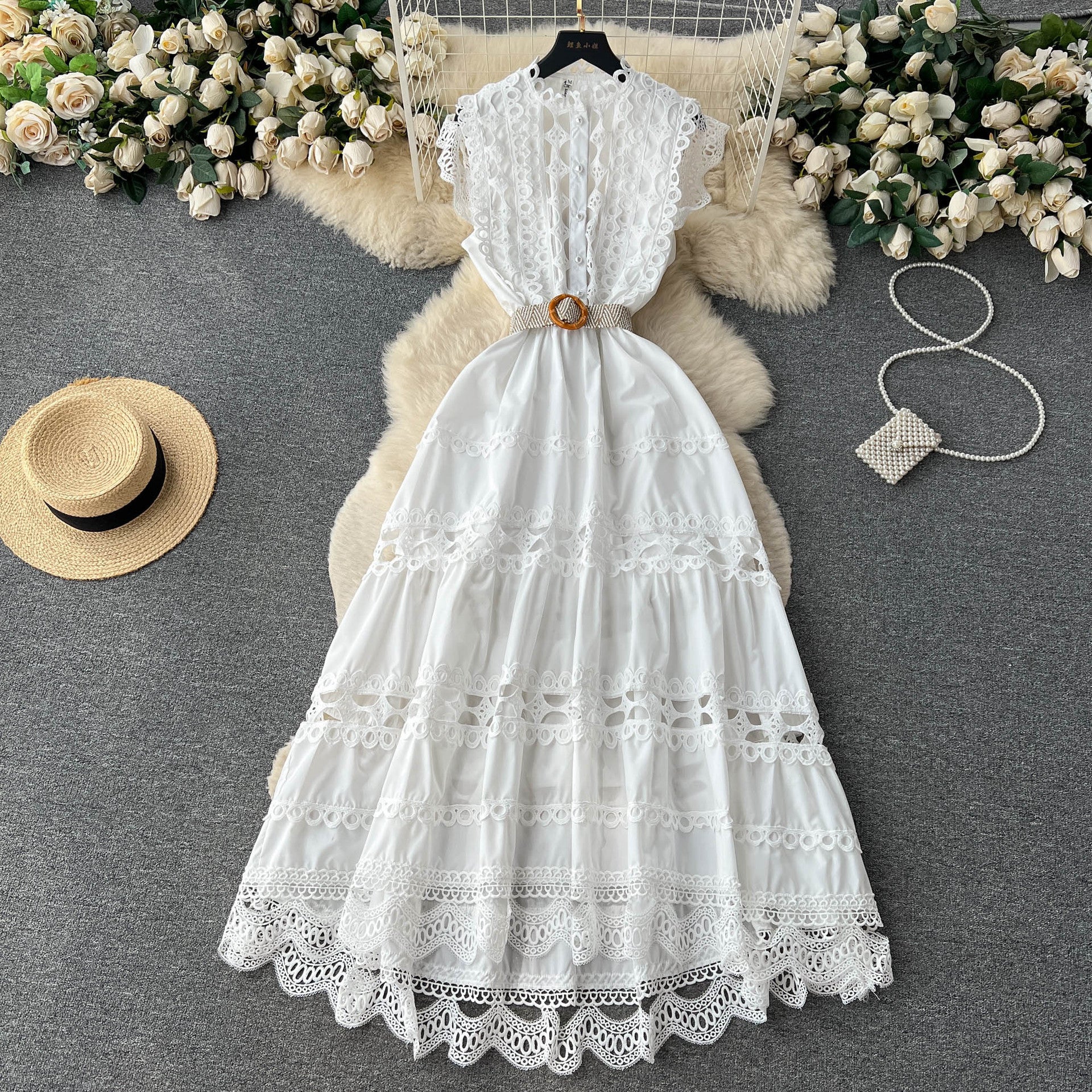 Women Vintage French Elegant Cutout Lace Patchwork Sleeveless Dress 13