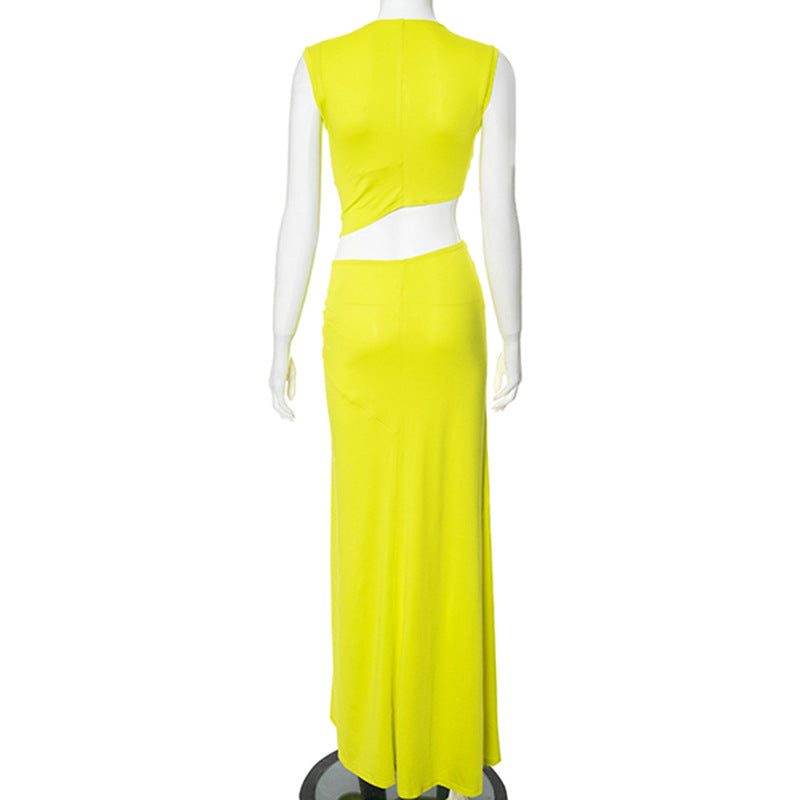 Women's Summer Solid Color Sexy Deep V Hollow Slit Slim Long Dress 6