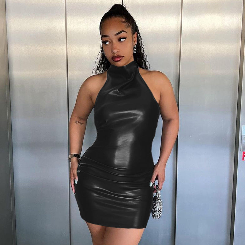 Women's Spring Summer Pu Leather Low Back Halter Neck Mini Dress 3