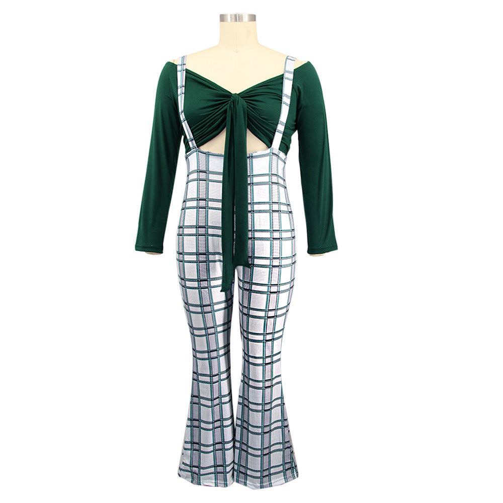 Plus Size Women Long Sleeve Top and Plaid Suspenders Set 8
