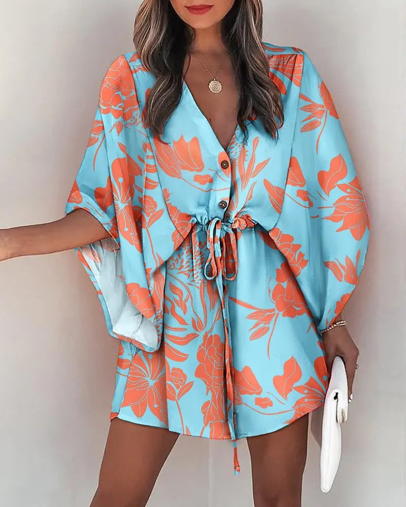 Women Summer Casual V-neck Bat Sleeves Printed Dress 10