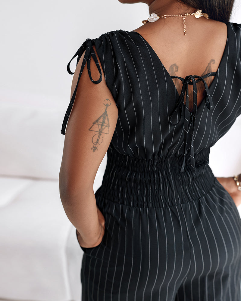 Striped V-Neck Slim Waist Career Casual Jumpsuit 6