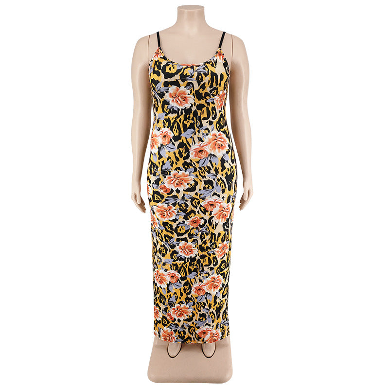 Plus Size Women's Summer Floral Print Strap Sexy Slit Bodycon Dress 13