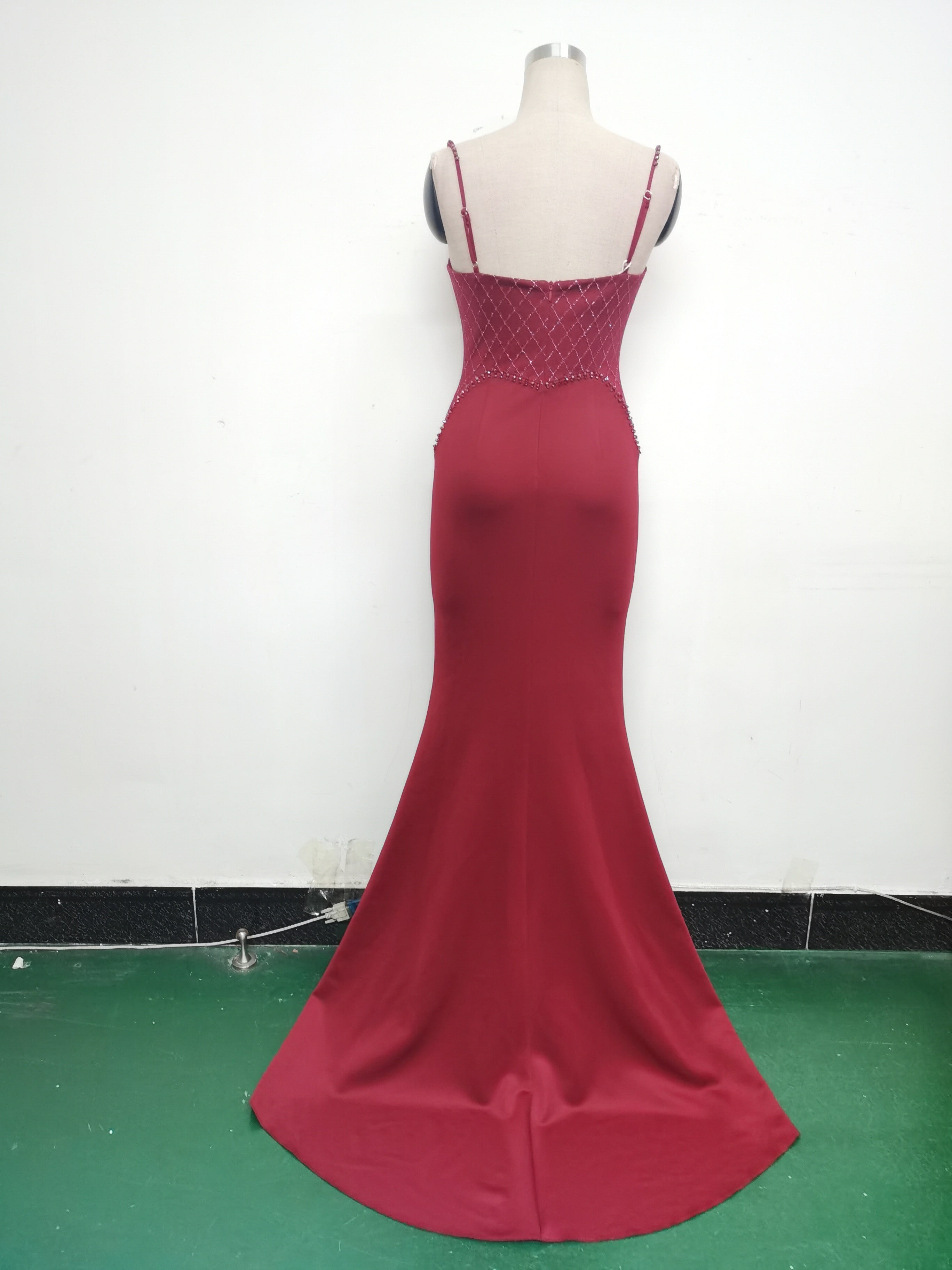 Women Strappy Heart-Shaped Lace Grid Embroidery Beaded Fishbone Formal Party Evening Dress 35