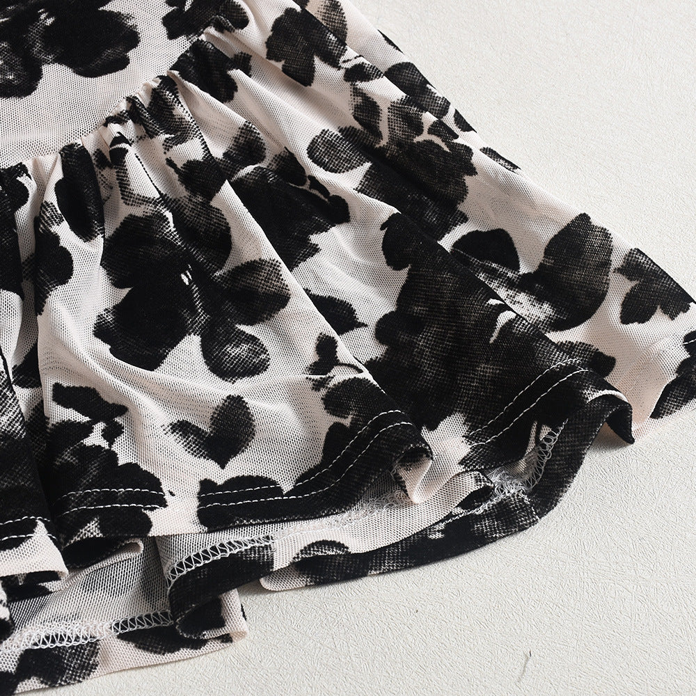 Women Stretchy Mesh Flocked Backless Sexy See-Through Lace-Up Dress 11