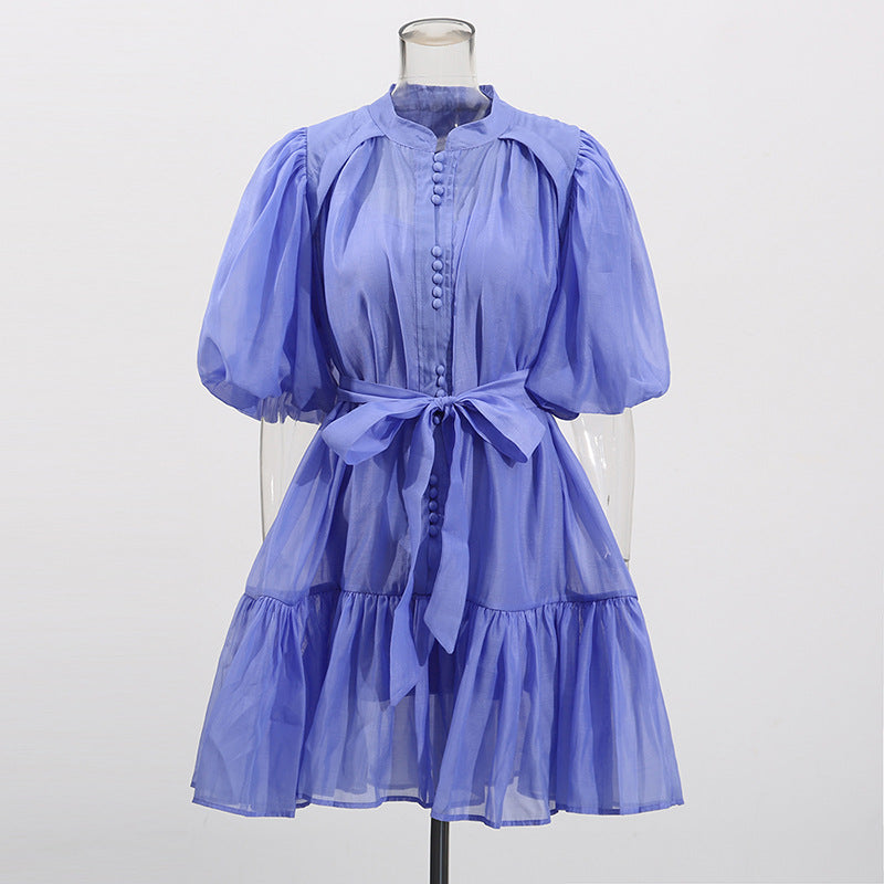 Women Solid Puff Sleeve Short Skirt Lace-Up Dress 5