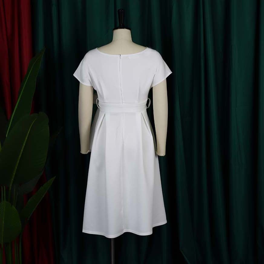 Summer V-Neck Solid Color Slim Waist Bow Lace-Up A-Line Dress 19