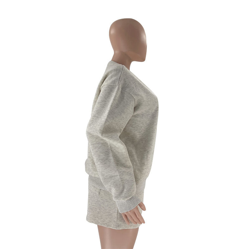 Fall Winter Solid Color Round Neck Pullover Long Sleeve Hoodies Women's Fashion Casual Shorts Two Piece Set 30