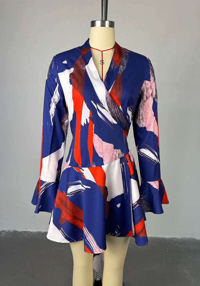 Floral V-Neck Lace-Up Bell Sleeve A-line Dress