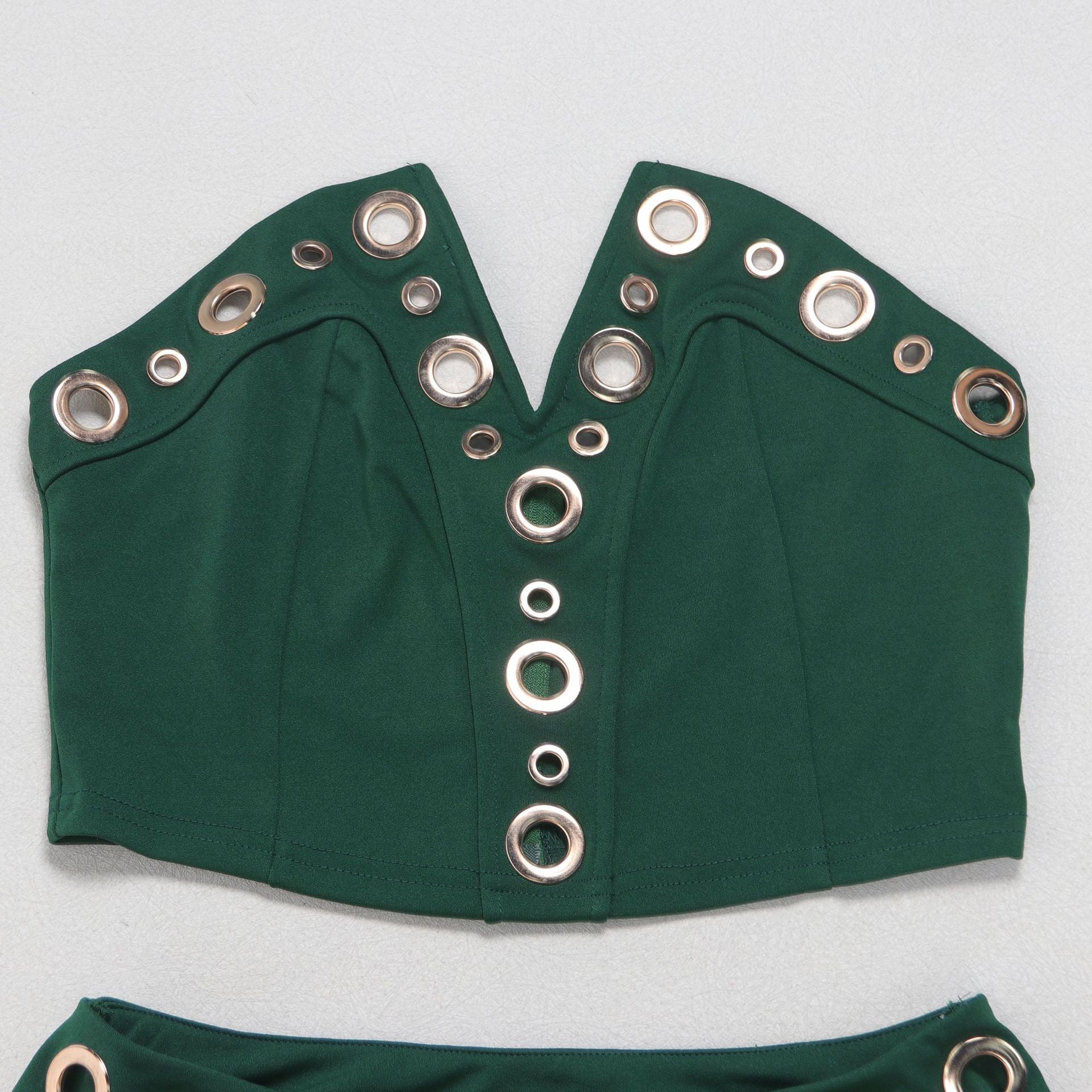 Women elegant elastic metal buckle decorated V-neck Top and Pants two-piece set 18