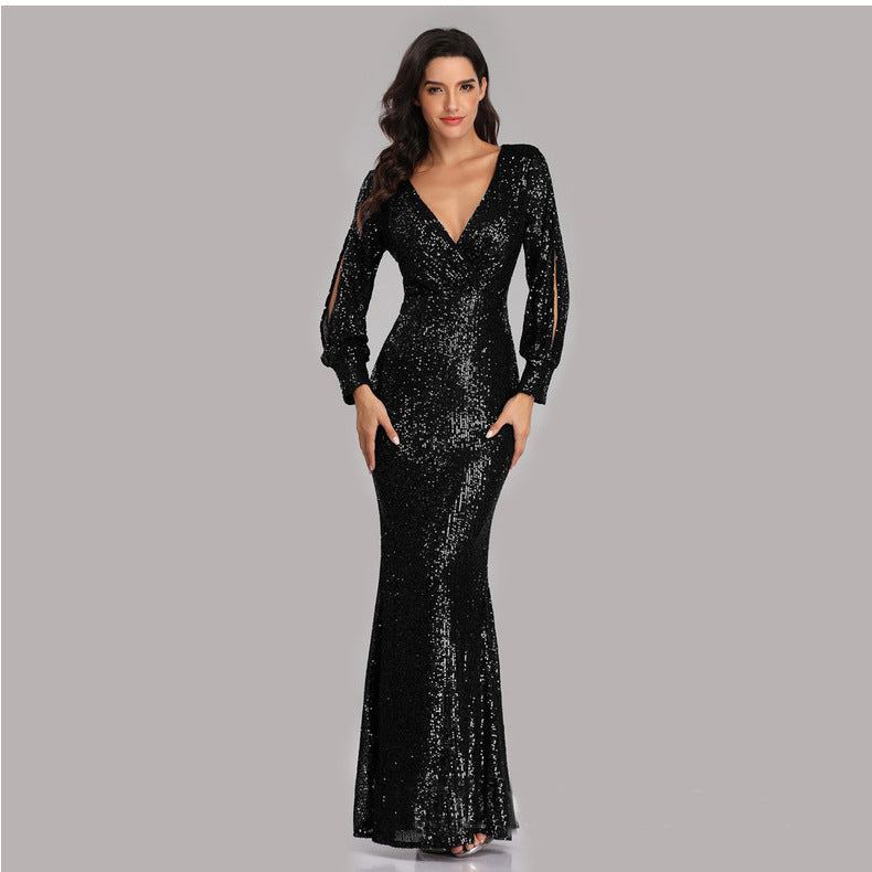 V-Neck See-Through Mesh Beaded Sexy Slim Fit Long Dress 4