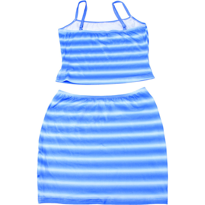 Women Summer Sexy Striped Tank Top and Skirt Two-piece Set 10