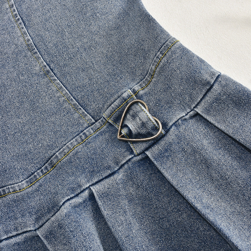 Women Stretch Denim French Pleated V-Neck Denim Dress 13