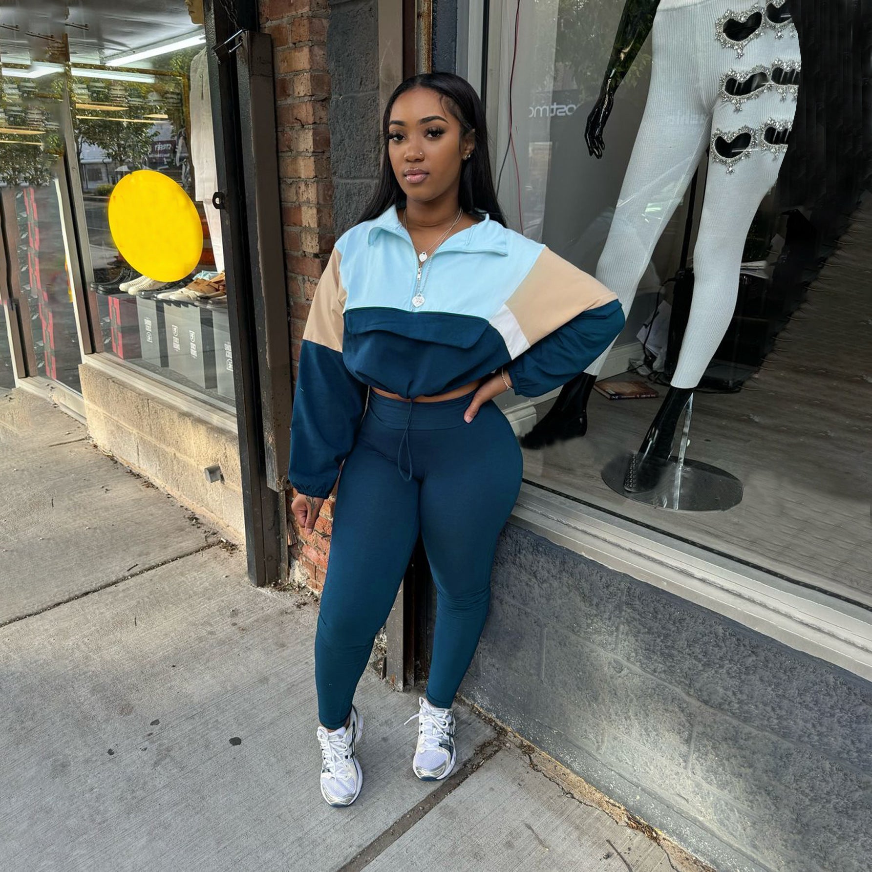 Autumn Contrast Color Zipper Patchwork Top Tight Fitting Pants Sports Two-Piece Set 3