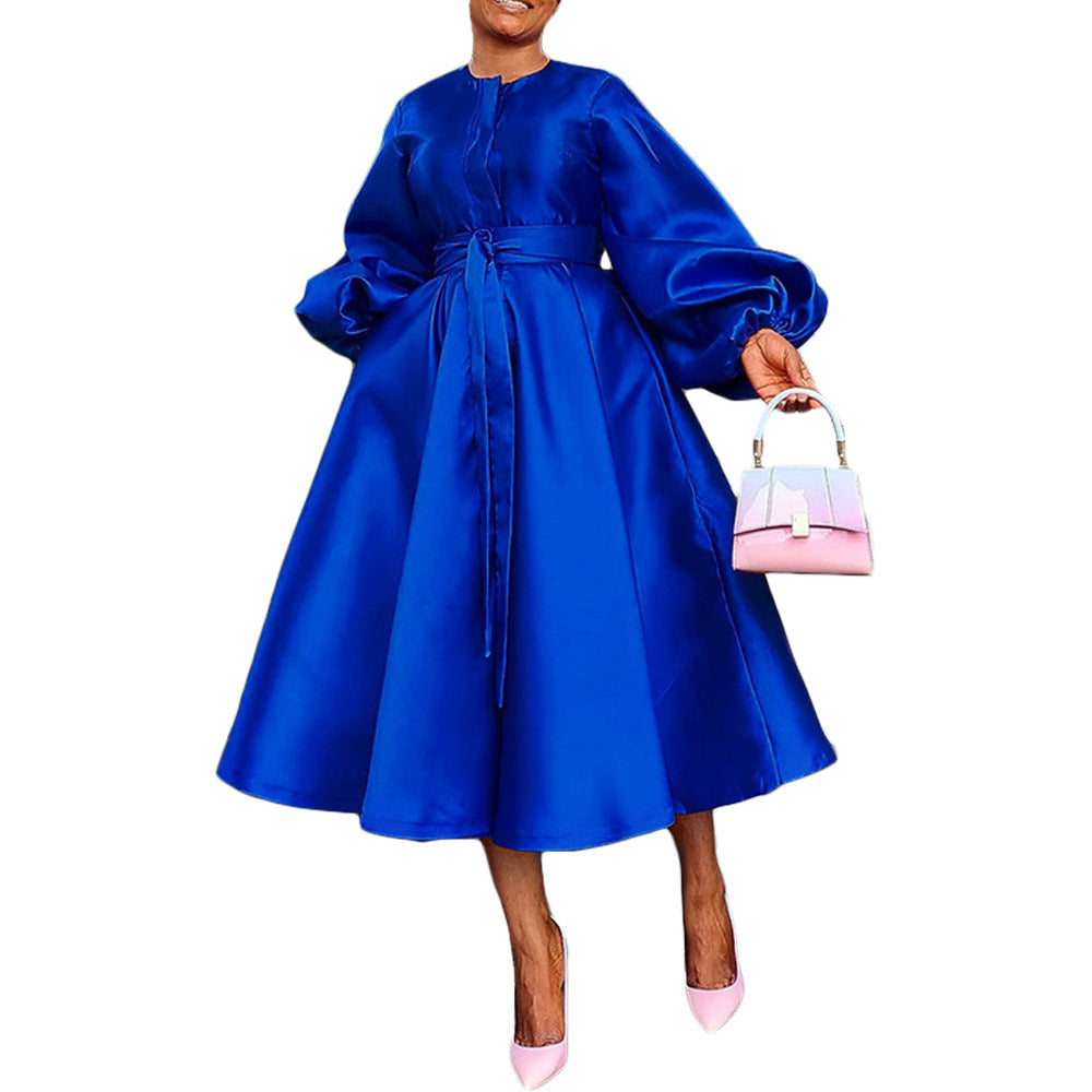 Women Solid Loose Buttoned Balloon Sleeve Dress 14