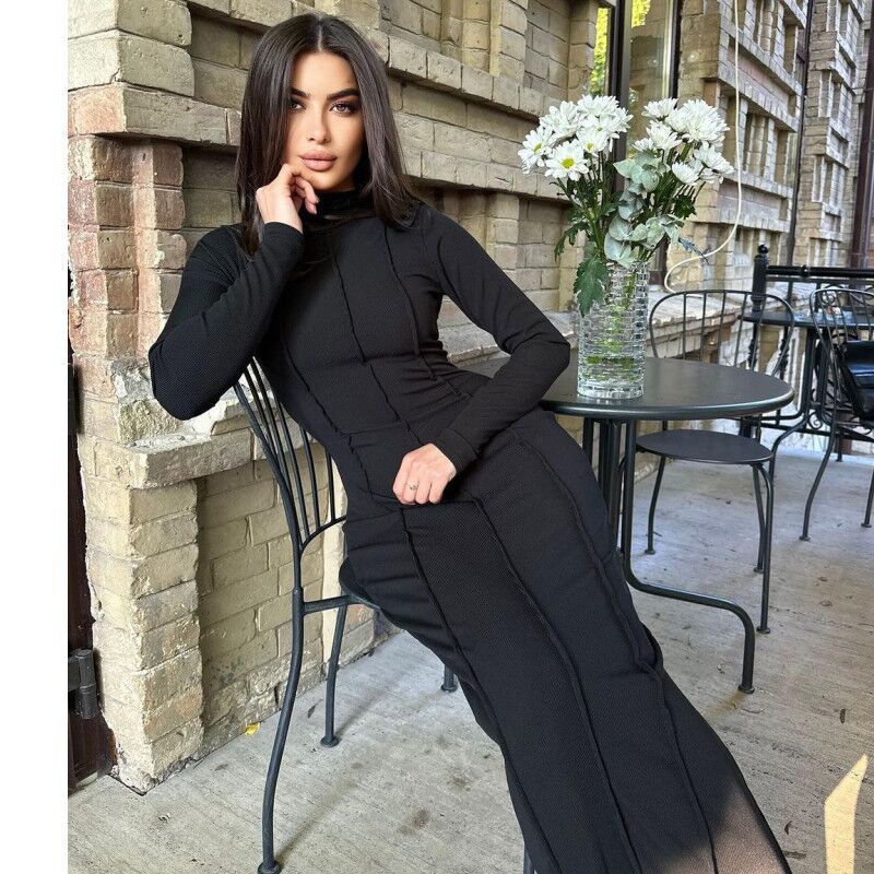 Autumn Women Half Turtle Neck Ribbed Long Sleeve Slim Fit Slim Waist Long Dress 7