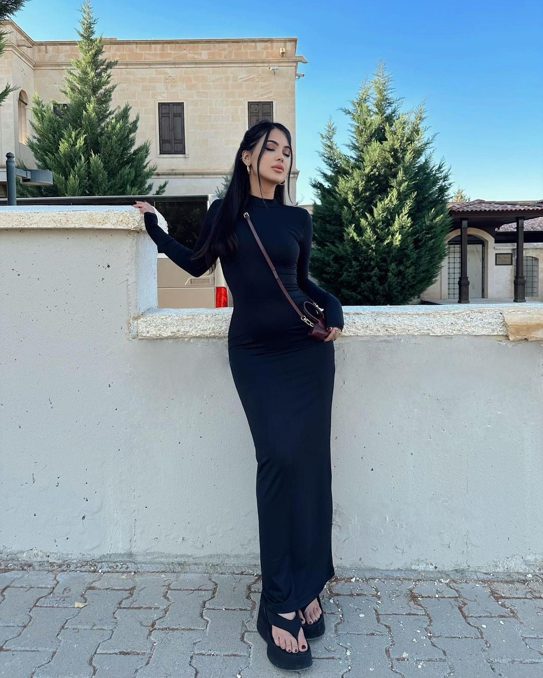 Women's Autumn Winter Stand Collar Long Sleeve Slim Solid Color Bodycon Dress 8