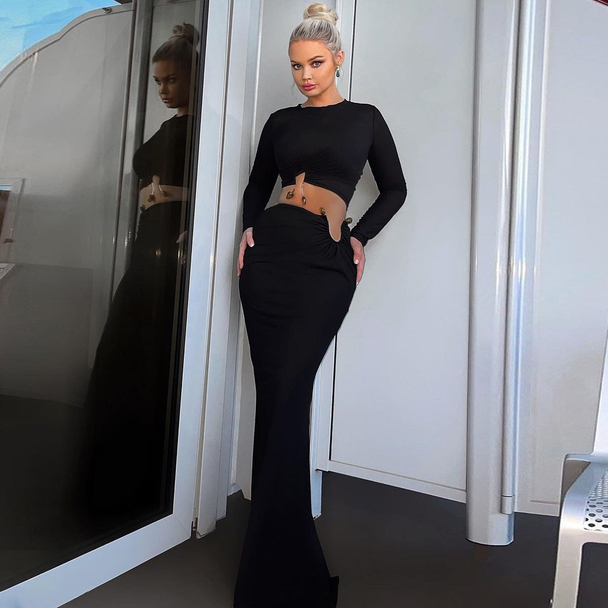 Autumn Winter Women's Fashion Crop Long-Sleeved Top Slim Skirt Two Piece Set 3