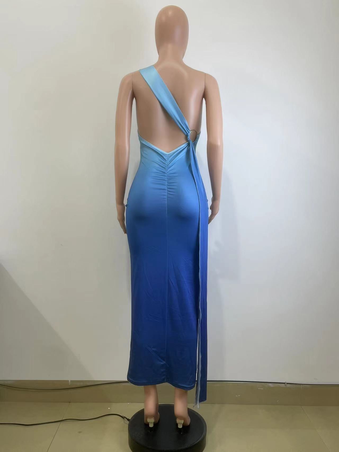Women's Summer Sleeveless Slash Shoulder Gradient Color Sexy Slim Long Dress 9
