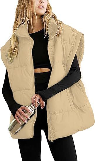 Women Solid Zipper Pocket Stand Collar Padding Vest 25