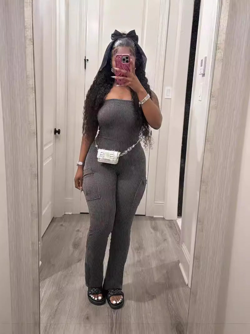 Summer Fashion Solid Color Ribbed Pocket Sexy Tight Fitting Jumpsuit 4