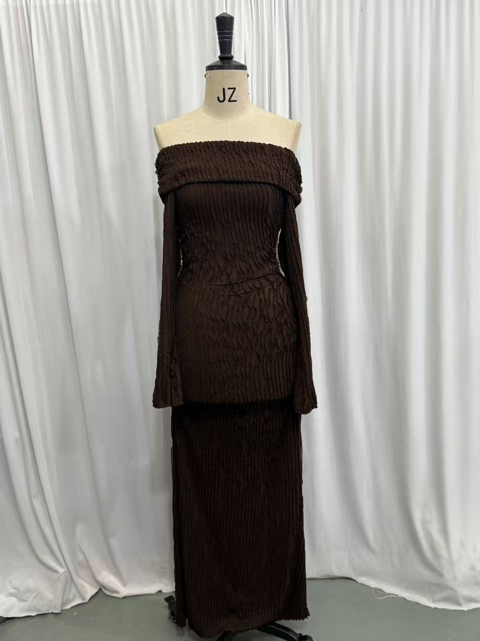 Long Sleeve Waist Cut-Out Off Shoulder High Slit Textured Dress 11