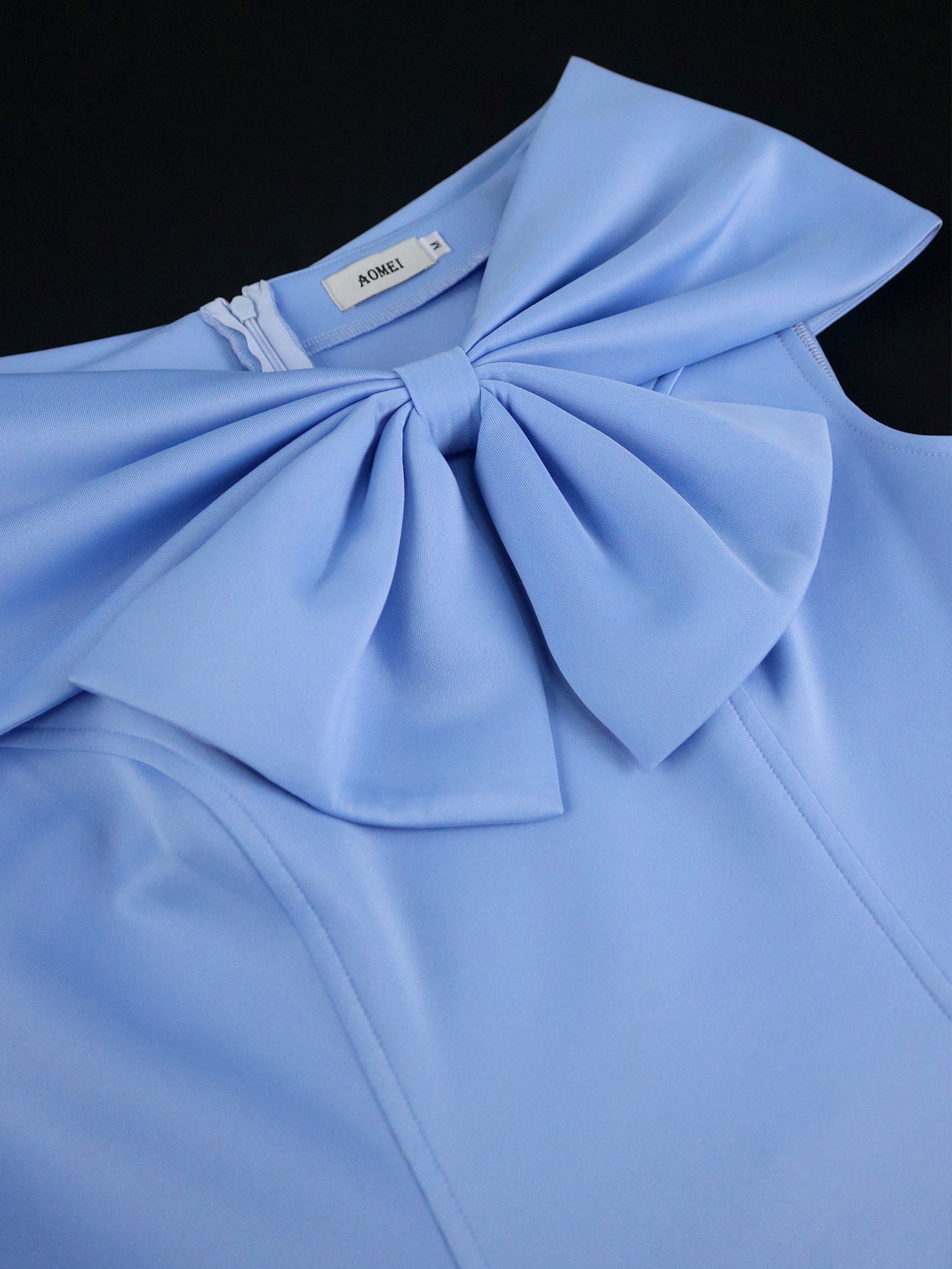 Elegant Bow Off-Shoulder Patchwork Blue Chiffon High-Waist Party Dress 7