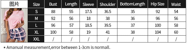 Women Summer Loungewear  Round Neck Printed Short Sleeve T-shirt and Plaid Shorts Two-piece Set 8