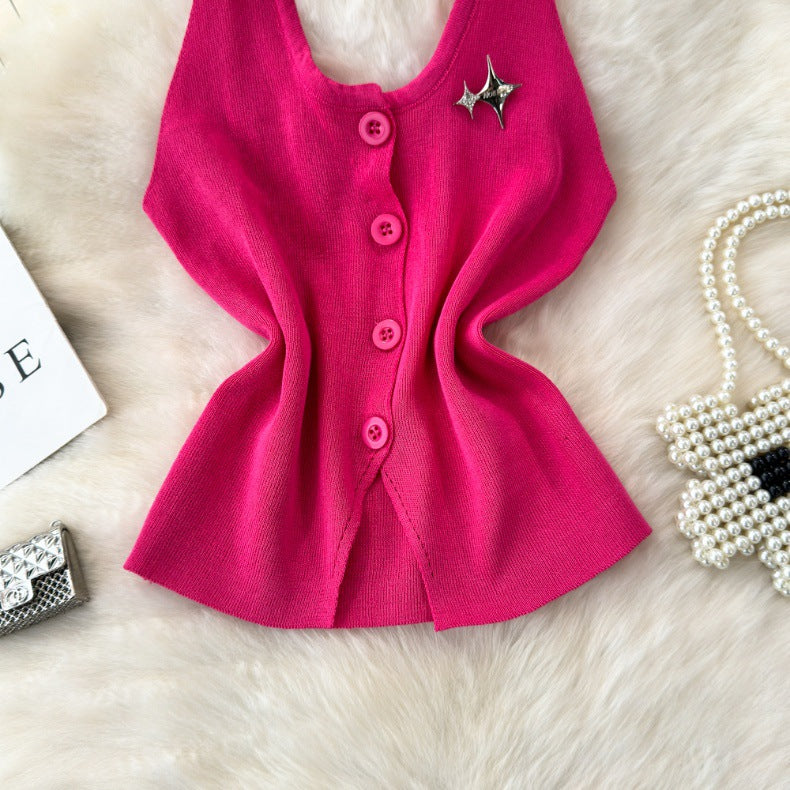 Fashionable Halter Neck Low Back Breasted Slim Fit Knitting Vest Women's Outdoor Wear Trendy Basic Top 26