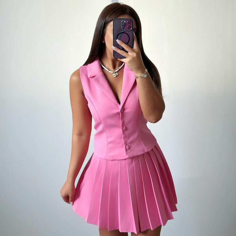 Women's Turndown Collar Sleeveless Vest Top Pleated Mini Skirt Fashion Casual Two-Piece Set 4