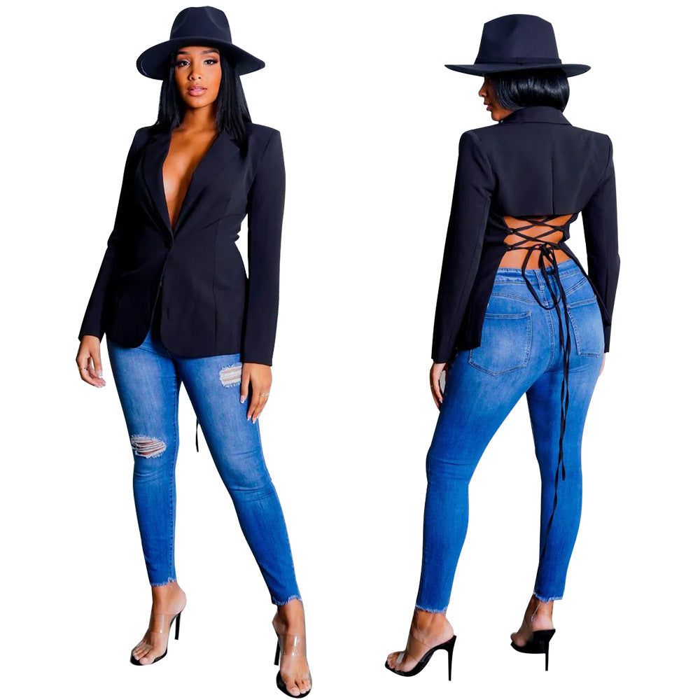 Fashion Women's Sexy V Neck Blazer Solid Color Long Sleeve Coat
