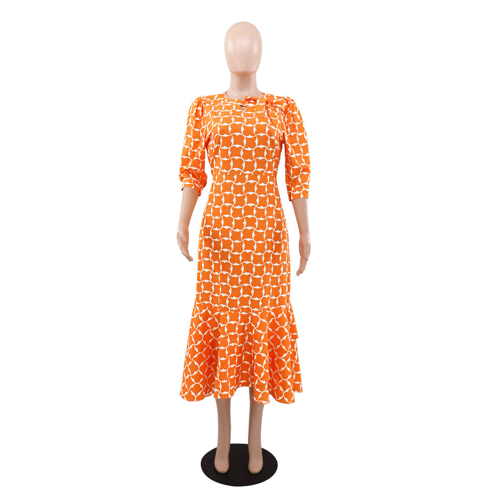 Chic Elegant Printed Three-Quarter Sleeve Casual Midi Dress 4