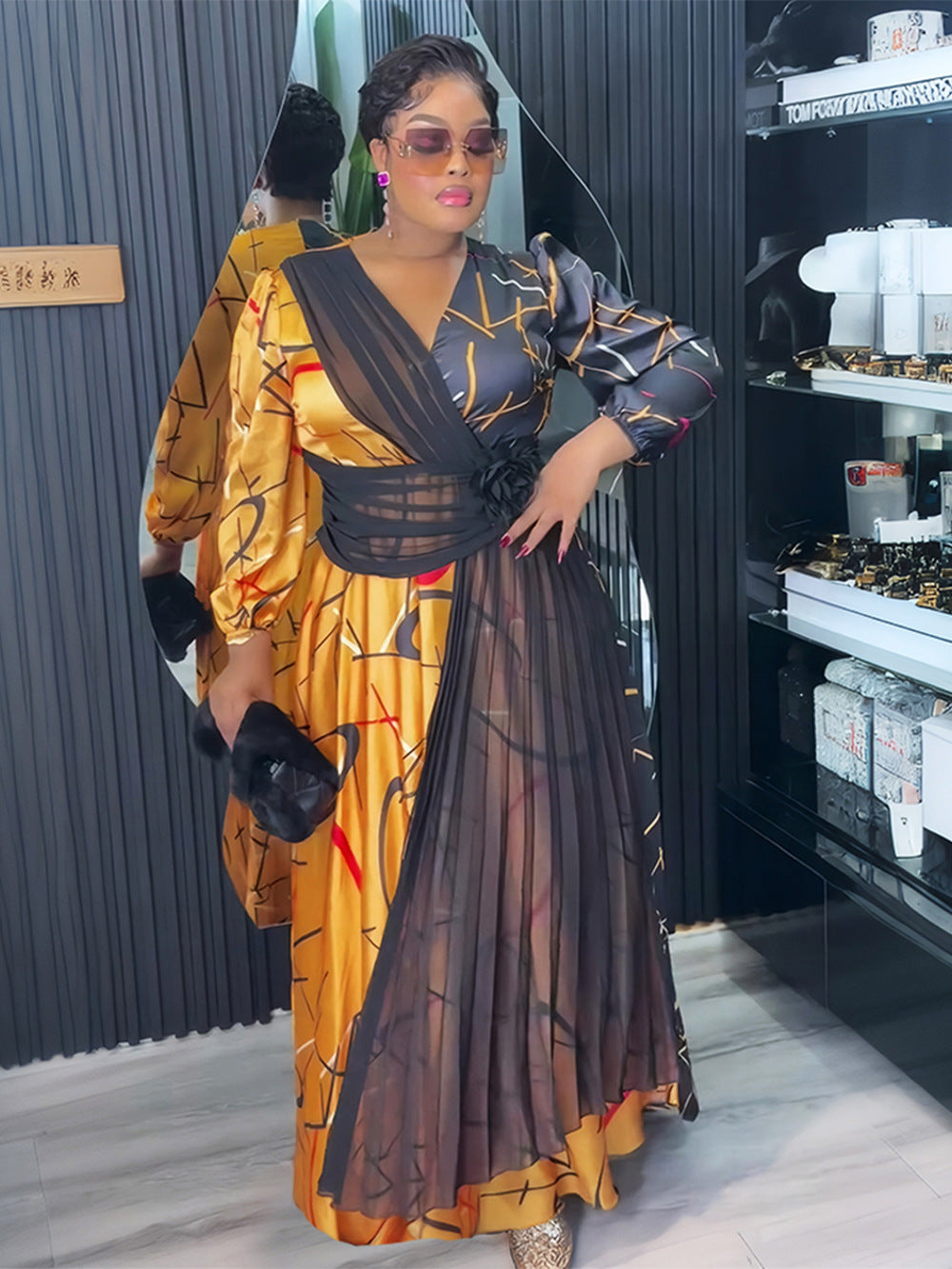 Africa Women's Muslim Color Block Print Plus Size Long Dress 7