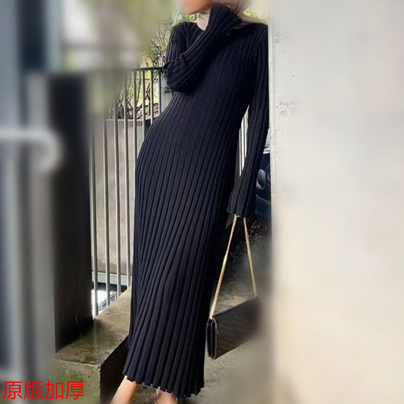 Autumn And Winter Casual Slim Waist V-Neck Wide Ribbed Slim Fit Knitting Long Dress For Women 7