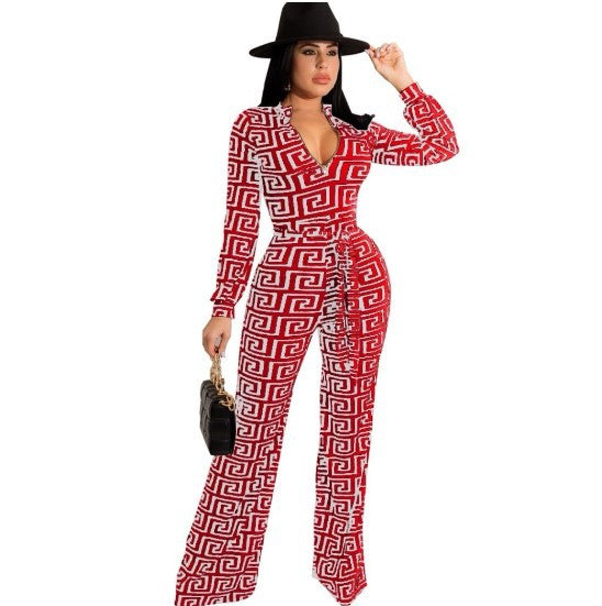 Sexy Fashion Printing Long-Sleeved V-Neck Jumpsuit 8
