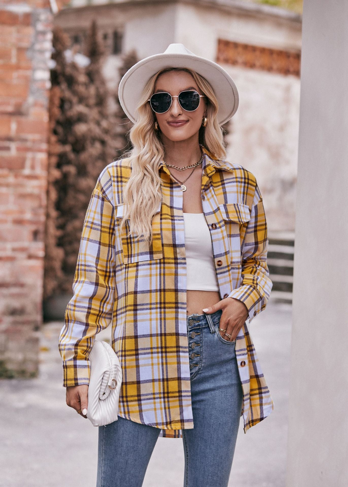 Women Casual oversize loose plaid shirt 6