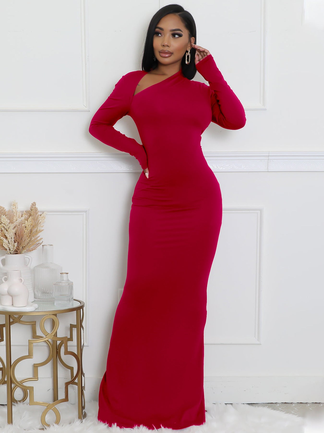 Women Solid Long-Sleeve Slash Shoulder Fishtail Bodycon Dress 5