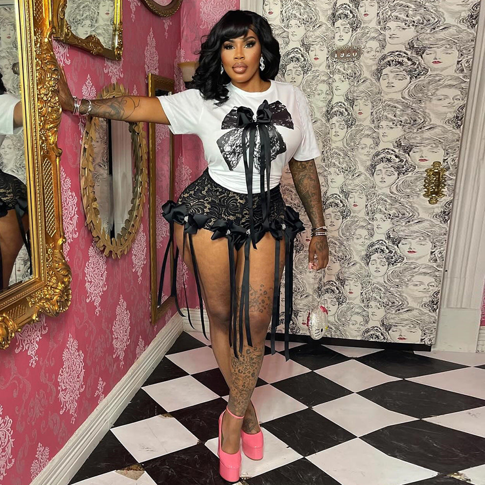 Sexy Bow Short Sleeve Top Lace Trend Shorts Women Two Piece Set