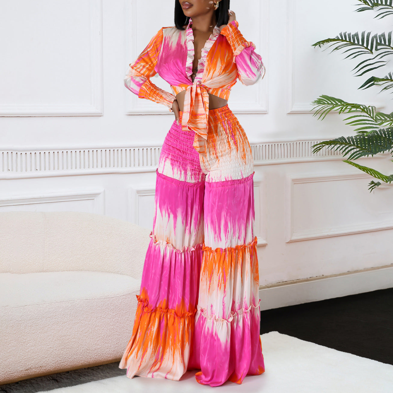 Women's Printed Lace-Up Long Sleeve Top High Waist Wide Leg Pants Casual Two Piece Set