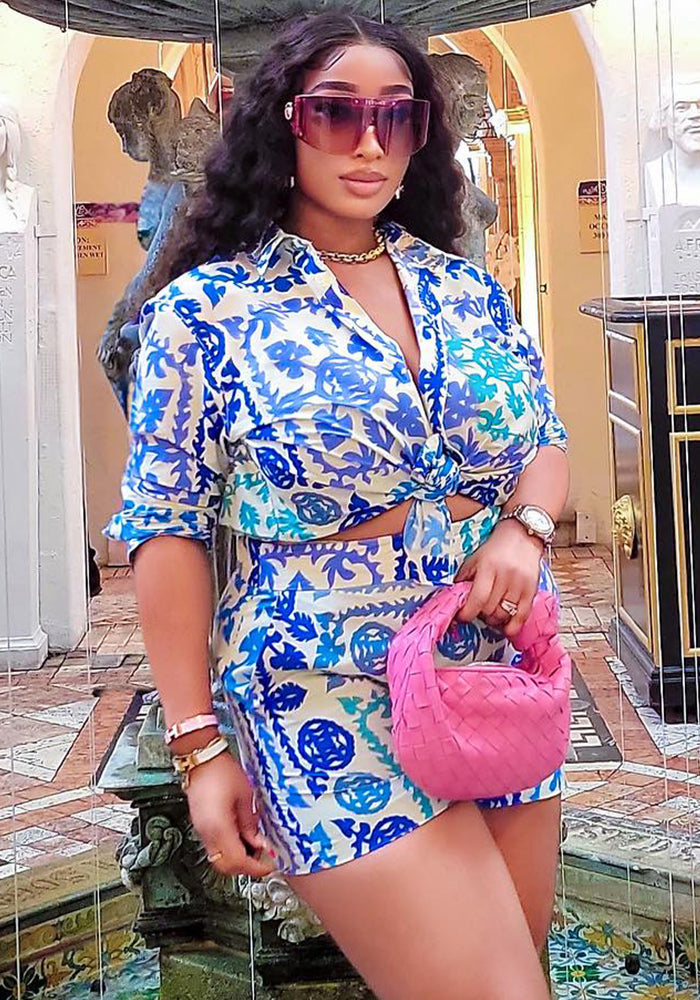 Women's Fashion Print Casual Long Sleeve Cardigan Shorts Pocket Two-Piece Set