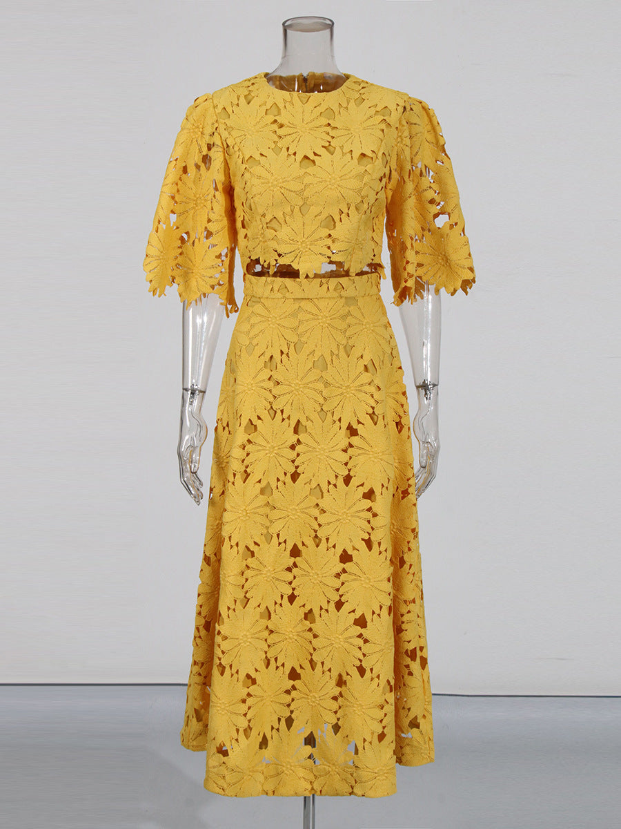 Women's Summer Elegant Embroidered Hollow Round Neck Top Fashion High Waist Skirt Two-Piece Set 6