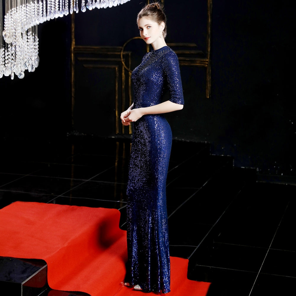 Sequins Half Sleeves Round Neck Evening Dress 5