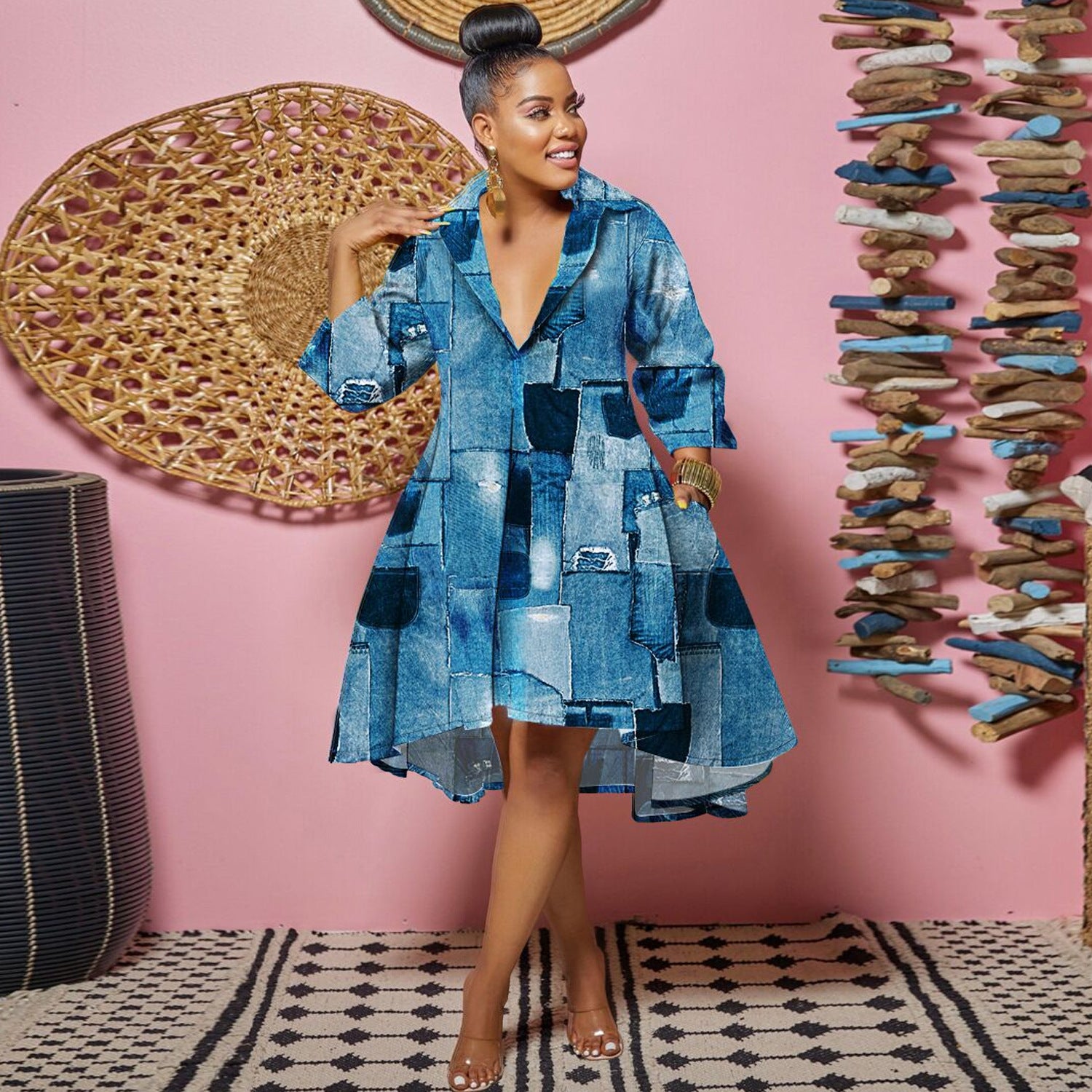 Women Casual Printed Deep v Turndown Collar Dress 11