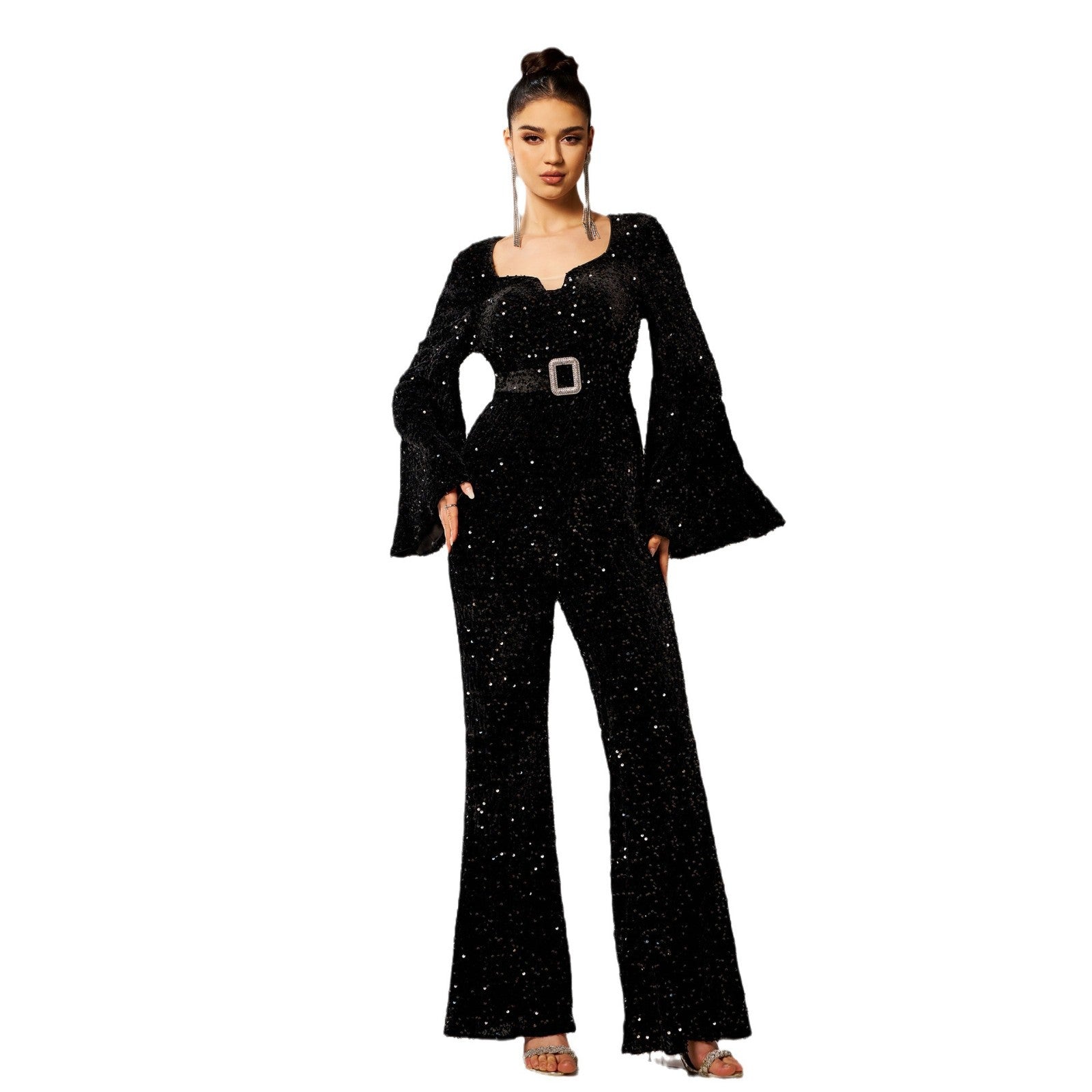 Women long sleeve square neck Bodycon Formal Party sequined Jumpsuit 6