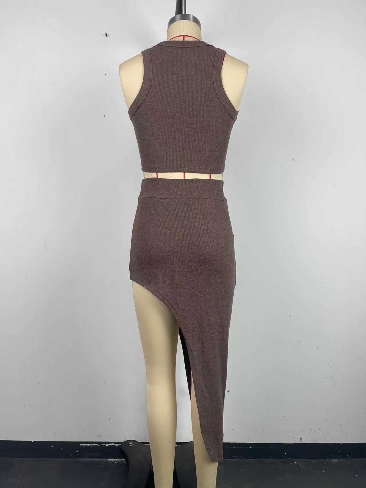 Women's Summer Sleeveless Slim Vest Irregular Long Skirt Two Piece Set 9