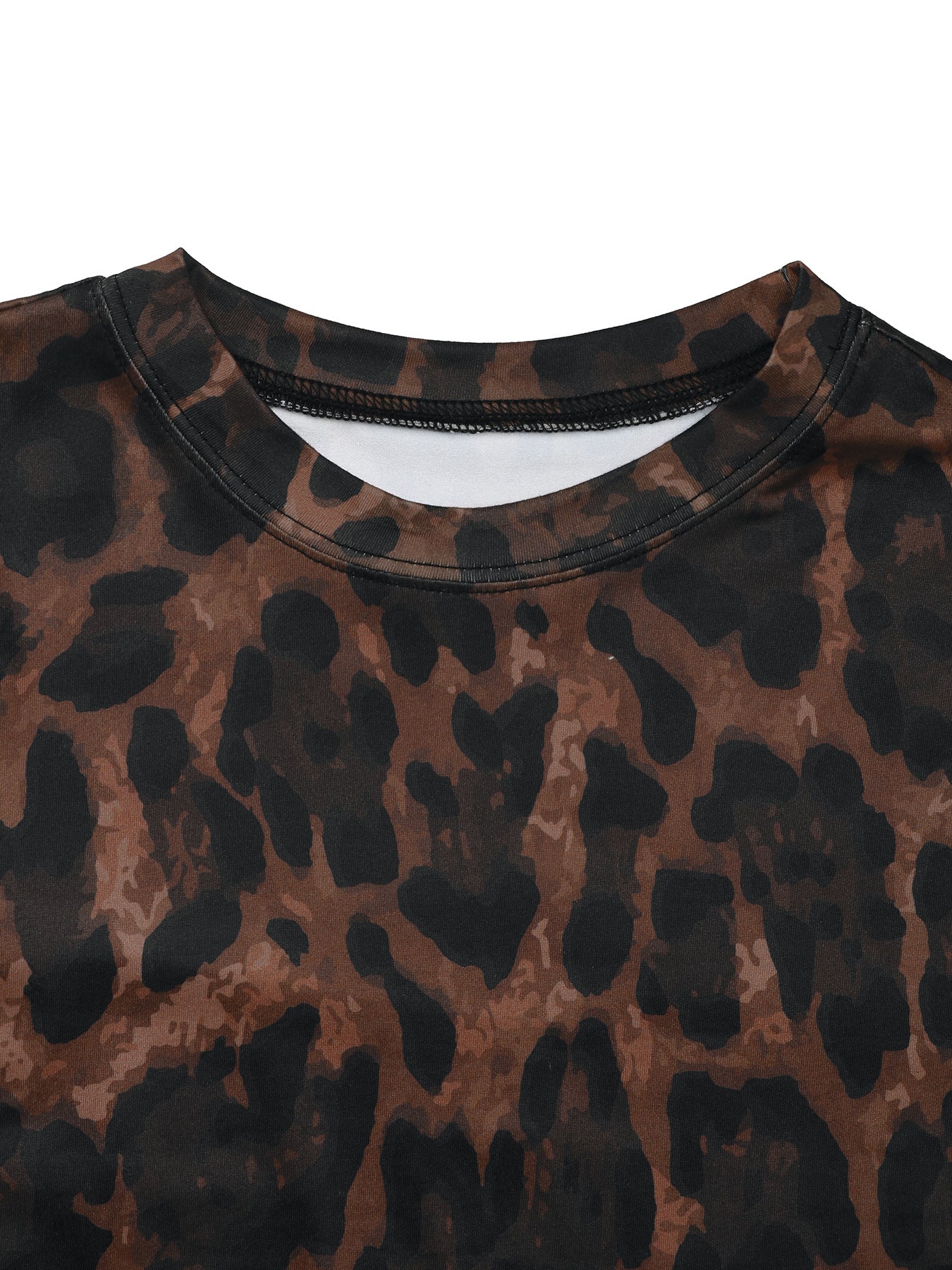 Women's Sexy Round Neck Long-Sleeve Leopard Print Slit Two-Piece Skirt Set 9