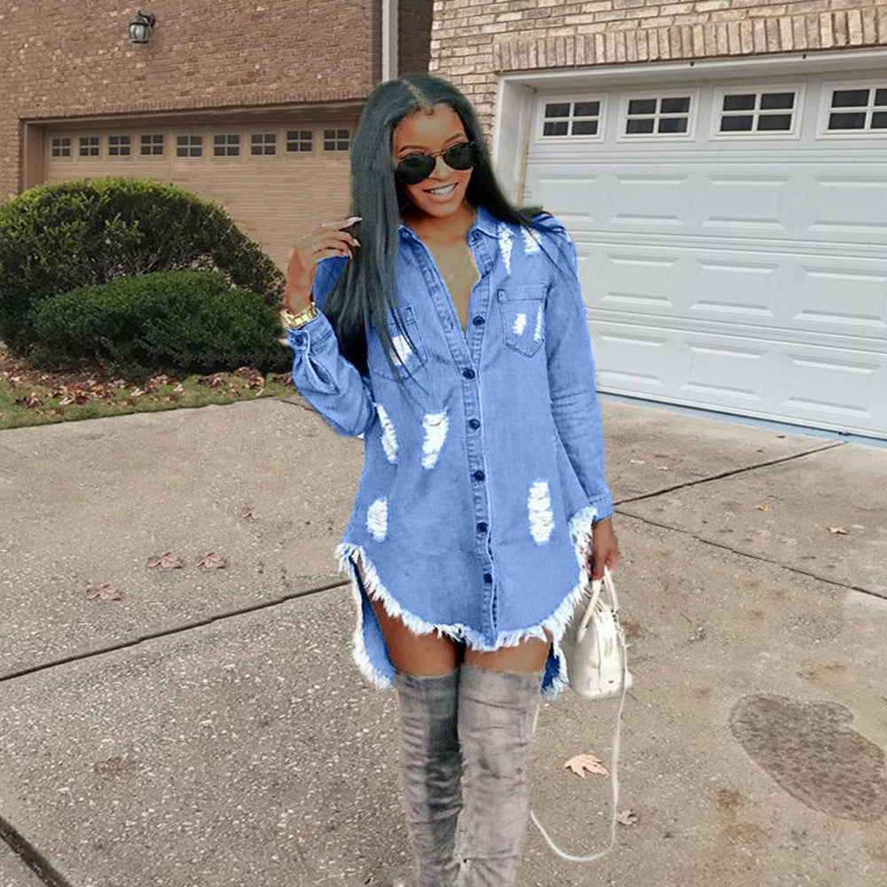 Trendy Ripped Fringe Denim Dress